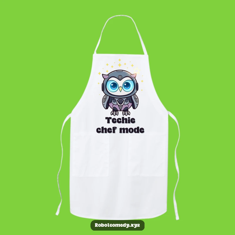 Funny Chef Robot Owl Apron - Glowing Tech Gift for Kitchen Coders