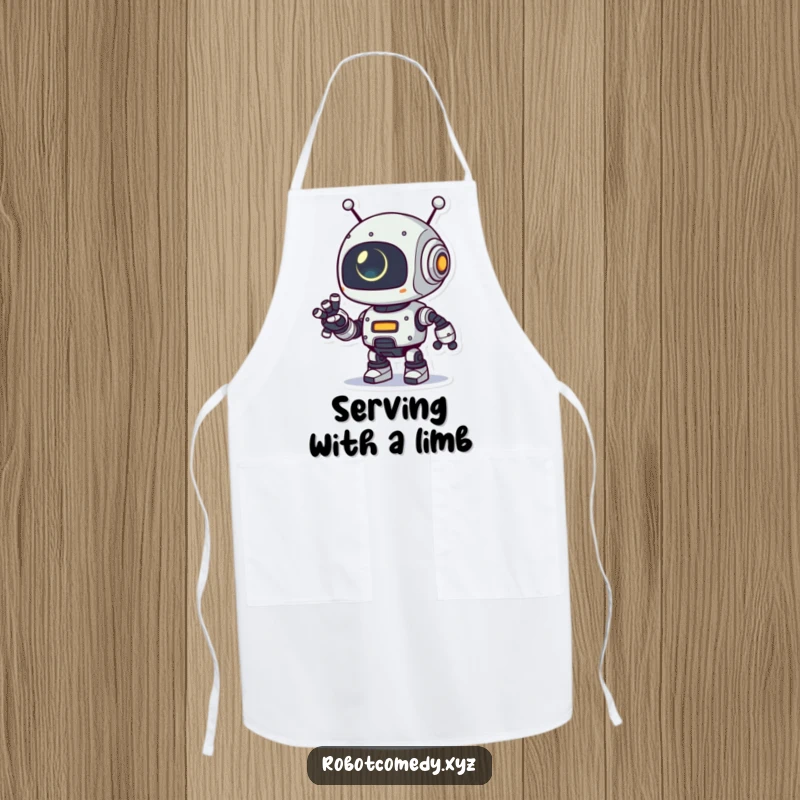 Funny apron with a playful robot character extending its robotic arm, its small eye glowing, perfect for cooks who appreciate futuristic help.