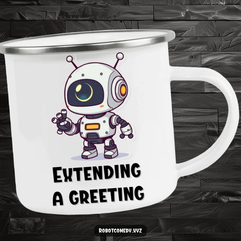 Funny camping mug with a playful robot character extending its robotic arm, its small eye glowing, perfect for outdoor enjoyment with a futuristic theme.