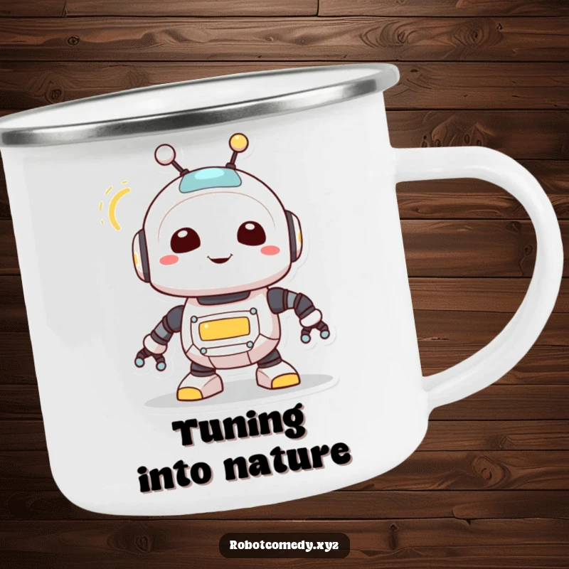 Funny camping mug with a cute robot creature joyfully spinning its antenna, its light blinking, perfect for outdoor enjoyment with a cheerful tech theme.
