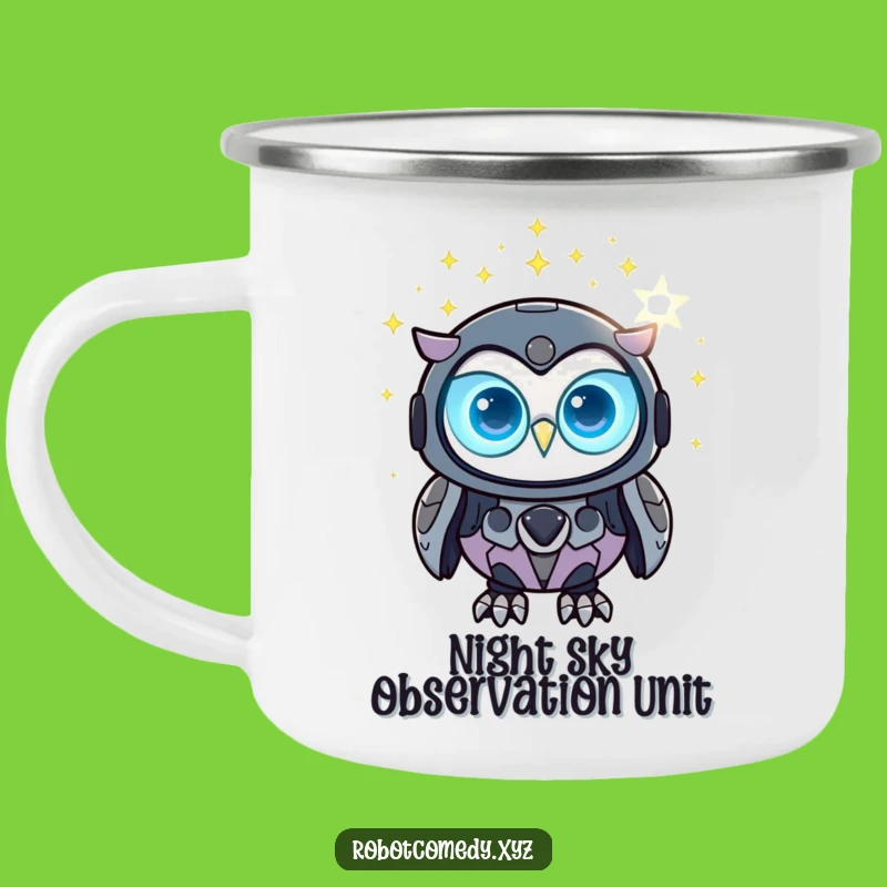 Funny Robot Owl Camping Mug - Glowing Tech Enamel Gift for Outdoors