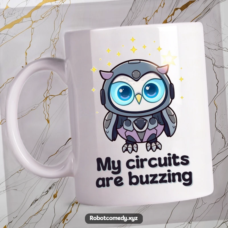 Funny robot owl mug with glowing eyes observing a constellation of digital stars, futuristic and techy.