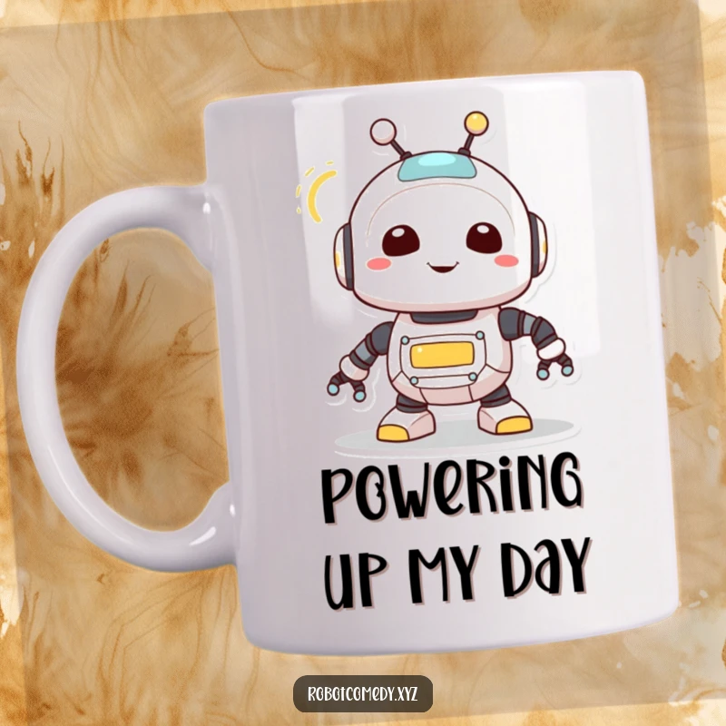 Funny mug with a cute robot creature joyfully spinning its antenna, its light blinking, symbolizing happiness and technological charm.
