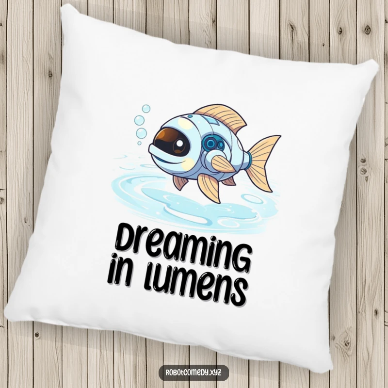 Funny robot fish with bubbly exhaust swimming in a glowing liquid light river, a soft and humorous pillow.