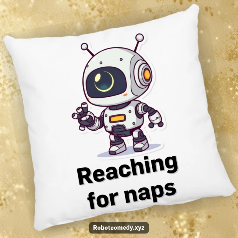 Funny pillow featuring a playful robot character extending its robotic arm, its small eye glowing, offering a soft and humorous accent for comfort.