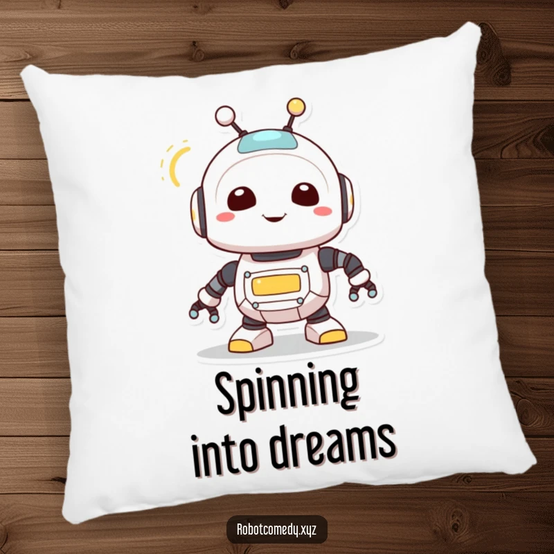 Funny pillow featuring a cute robot creature spinning its antenna, its light blinking, offering a soft and humorous accent for relaxation.