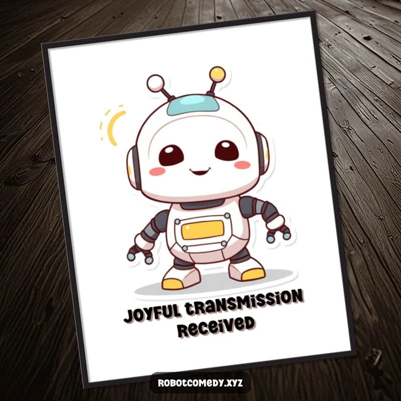 Funny digital art print of a cute robot creature joyfully spinning its antenna, its light blinking, perfect for adding whimsical tech decor.