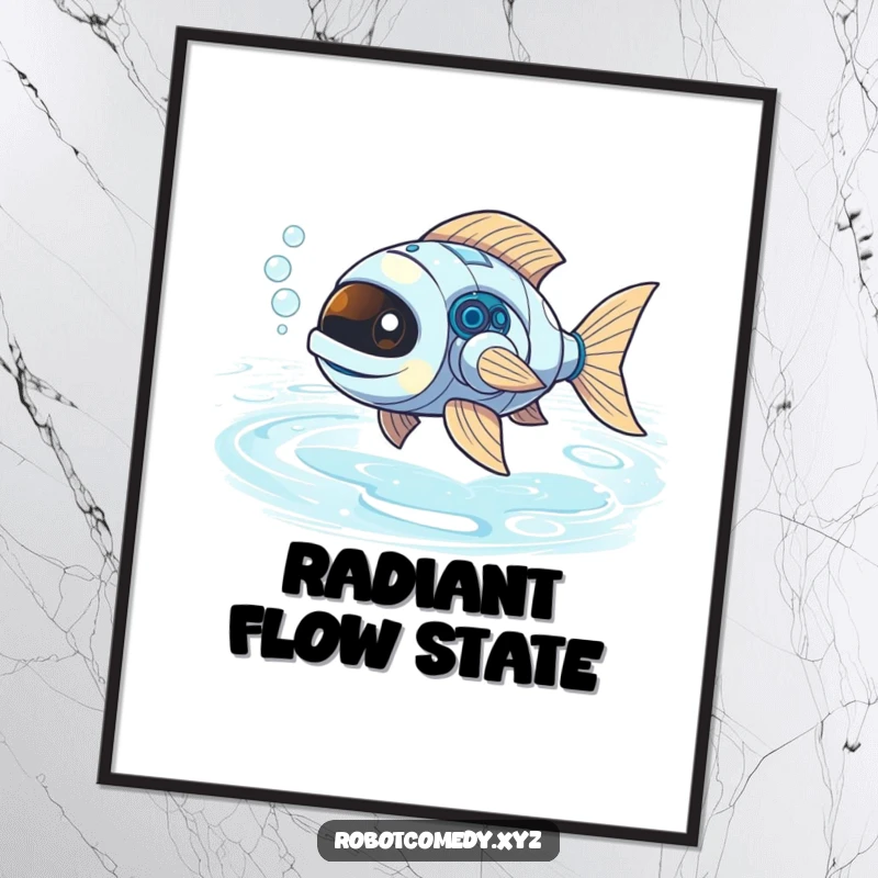 Funny robot fish with bubbly exhaust swimming through a glowing liquid light river, a digital art print.