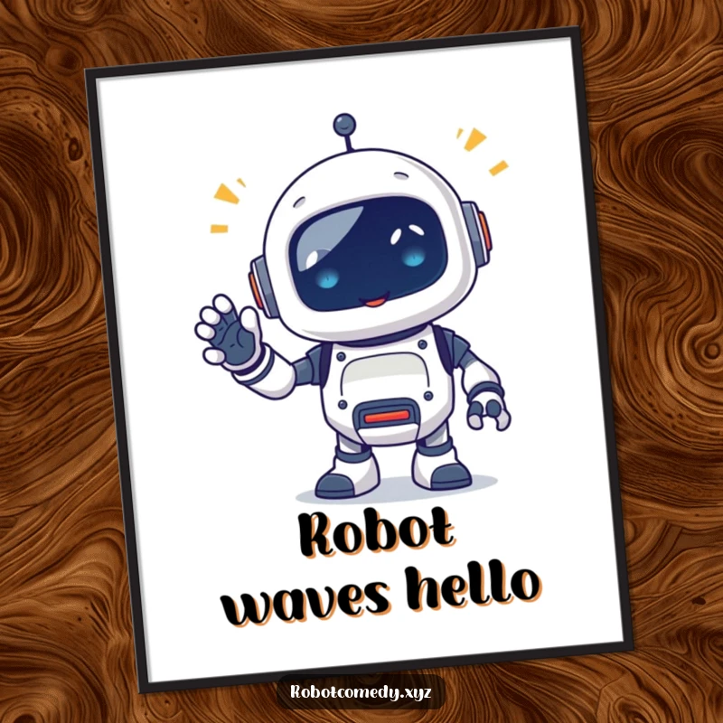Funny digital art print of a little robot critter emitting happy beeps, waving a segmented appendage, perfect for adding cheerful, friendly tech decor.