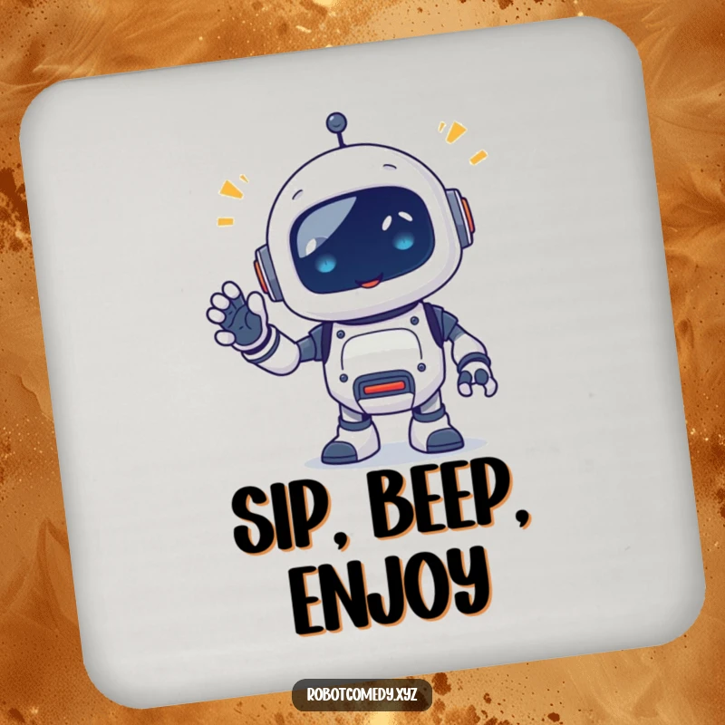 Funny drink coaster with a little robot critter emitting happy beeps, waving a segmented appendage, protecting surfaces with a friendly, cheerful tech design.