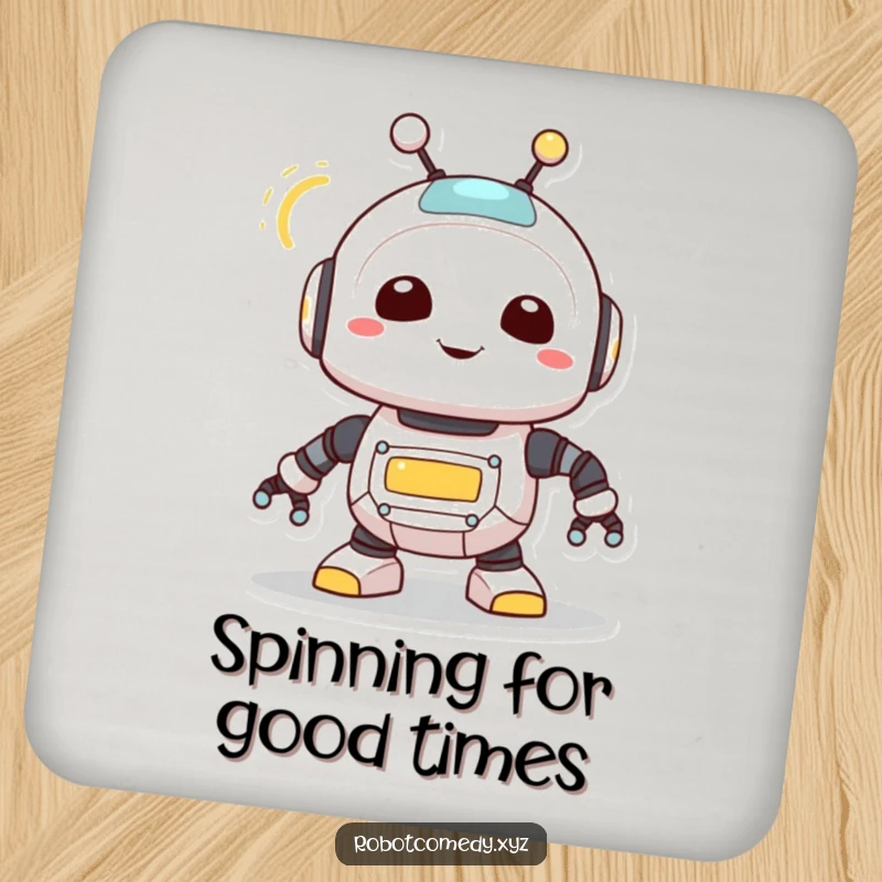 Funny drink coaster with a cute robot creature joyfully spinning its antenna, its light blinking, protecting surfaces with a cheerful tech design.