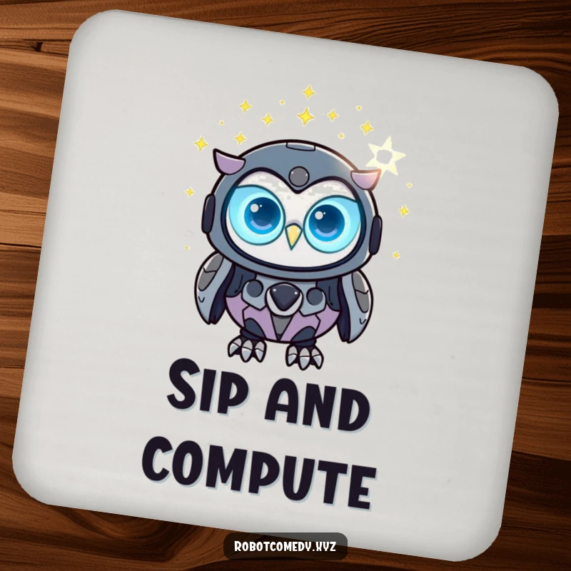 Funny robot owl coaster with glowing eyes observing a digital star constellation, protecting surfaces.