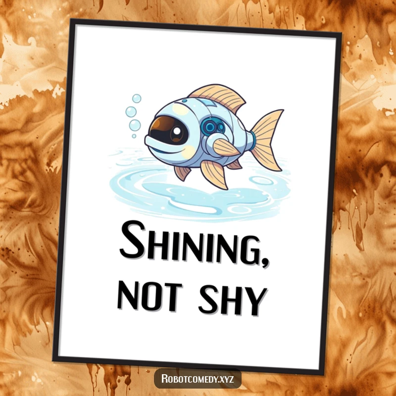 Funny robot fish with bubbly exhaust swimming through a surreal river of liquid light, a captivating poster.