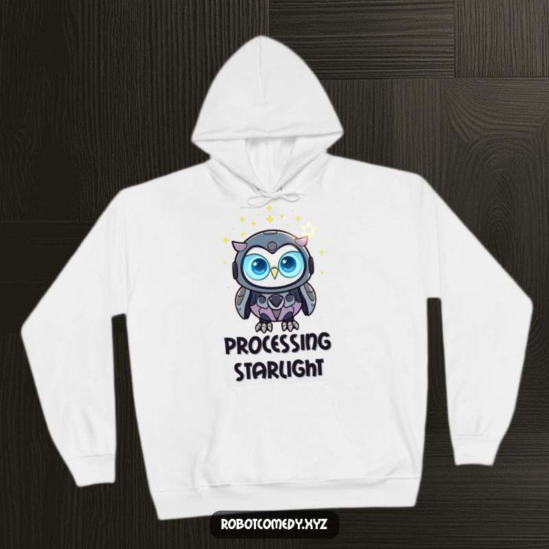 Funny robot owl hoodie with glowing eyes observing digital stars, cozy and futuristic apparel.