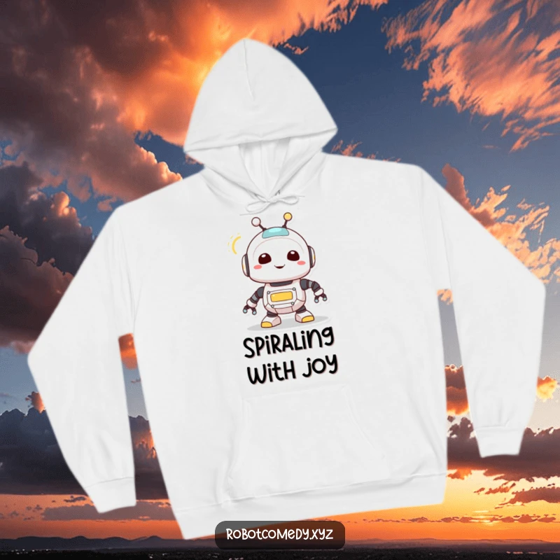 Funny hoodie with a cute robot creature spinning its antenna, its light blinking, offering warmth and a touch of cheerful automation.