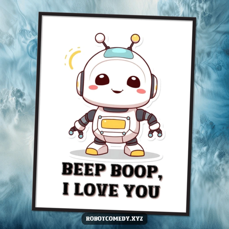 Funny Free Printable Wall Art: A cute robot with a blinking light joyfully spins its antenna, adding fun to any space.
