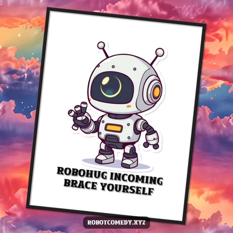 Funny Free Printable Wall Art: A playful robot with a glowing eye extends its robotic arm, a humorous piece of decor.