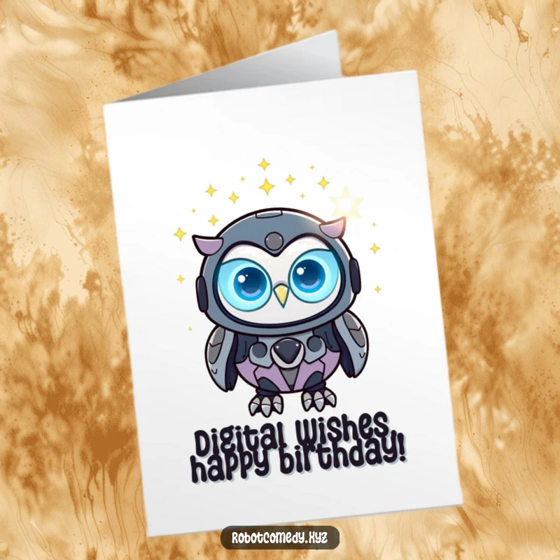 Funny Free Printable Birthday Card: A round robot owl with glowing eyes observes digital stars, a cosmic birthday wish.