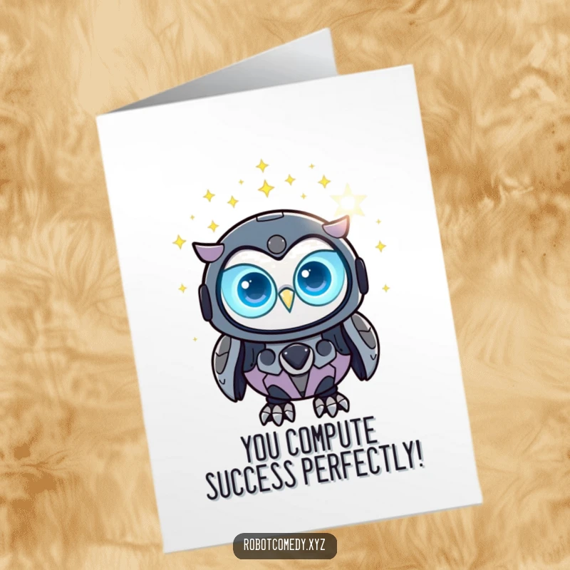Funny Free Printable Congratulations Card: A robot owl with glowing eyes gazes at digital stars, celebrating cosmic success.