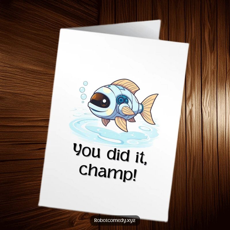 Funny Free Printable Congrats Card: Celebratory robot fish with bubbly exhaust, swimming through light, perfect for any achievement.