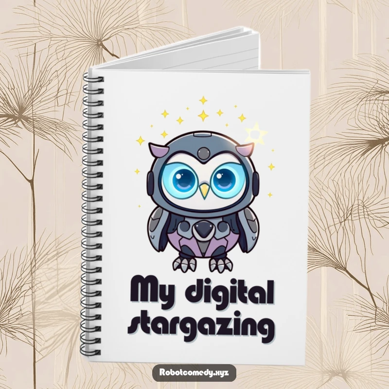 Funny robot owl notebook with glowing eyes observing a digital star constellation, ideal for tech journals.