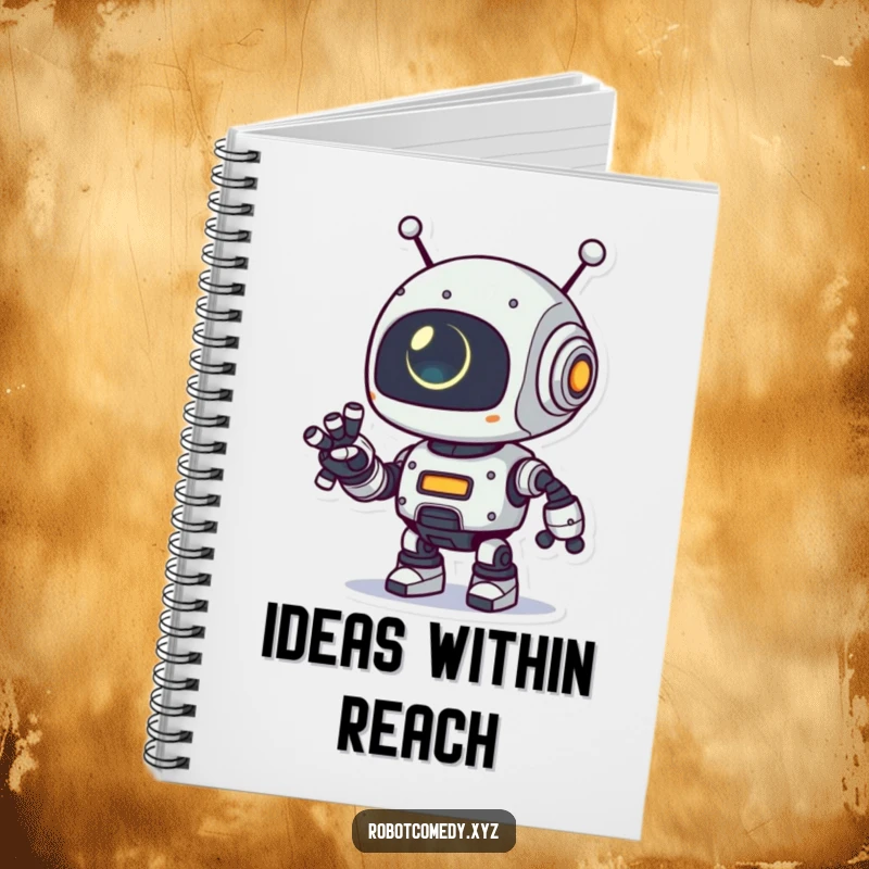 Funny notebook featuring a playful robot character extending its robotic arm, its small eye glowing, designed for jotting down ideas with a helpful tech theme.