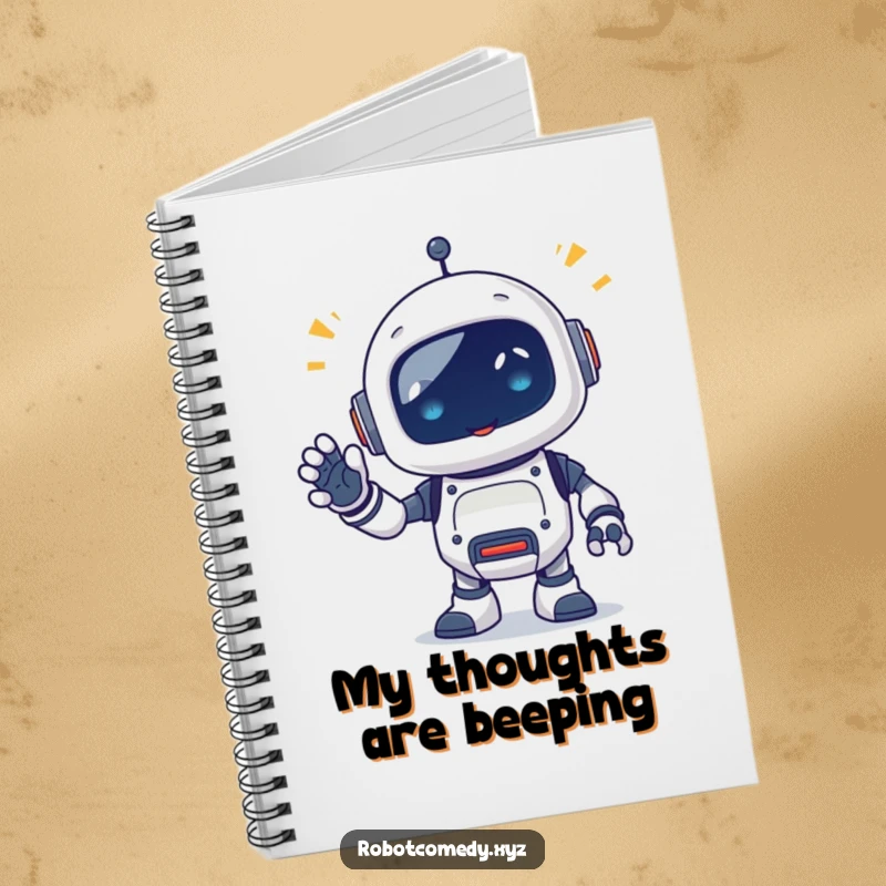Funny notebook featuring a little robot critter emitting happy beeps, waving a segmented appendage, designed for jotting down ideas with a friendly tech theme.