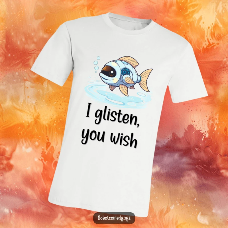 Funny robot fish with bubbly exhaust swimming through a vibrant river of liquid light on a graphic t-shirt.